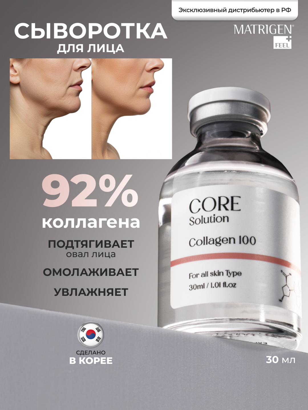 Matrigen Core Solution Collagen Ампульная анти эйдж сыворотка Коллаген для мезотерапии лица руками аппаратом, 30 мл