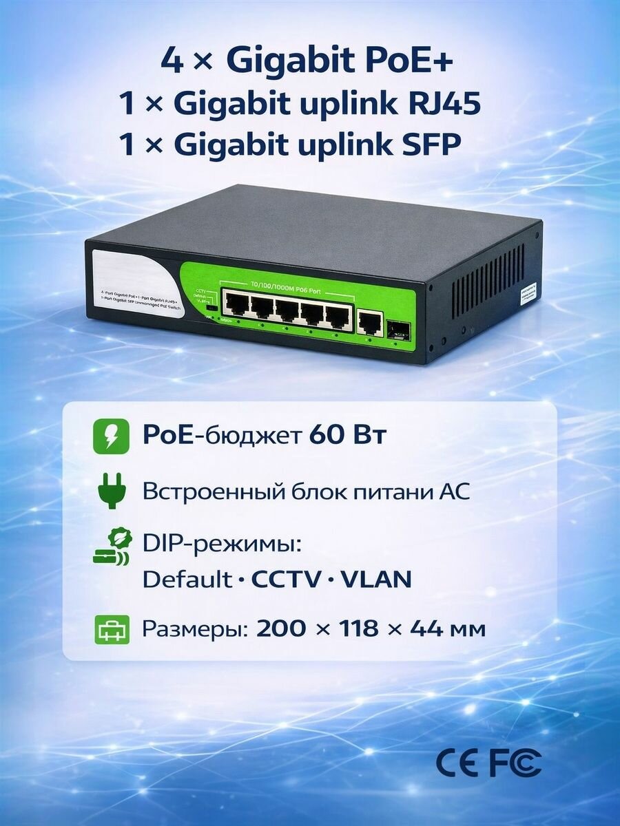 Гигабитный PoE-коммутатор CYONICE S1000-4GTP1GT1GP: 4 1 Гбит/с PoE + 1 1 Гбит/с + 1 SFP uplink