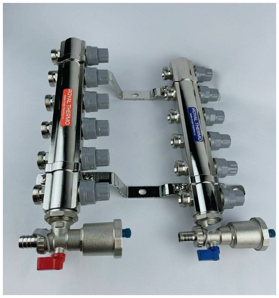 Коллектор латунный в сборе универсальный 1" ВР-3/4" НР, 6 выходов Royal Thermo - фотография № 2