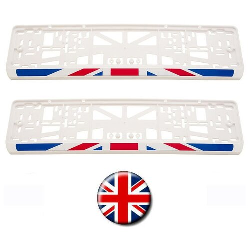 Рамки номерного знака белого цвета Английский флаг, пластиковые, комплект: 2 рамки, 4 хромированных самореза