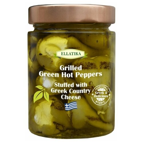 фото Зелёный острый перец на гриле фаршированный греческим фермерским сыром, в подсолнечном масле, ellatika, стеклянная банка 320 гр