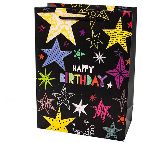 фото Пакет подарочный, с днем рождения! (разноцветные звезды), черный, с блестками, 32*26*10 см, 1 шт. дон баллон