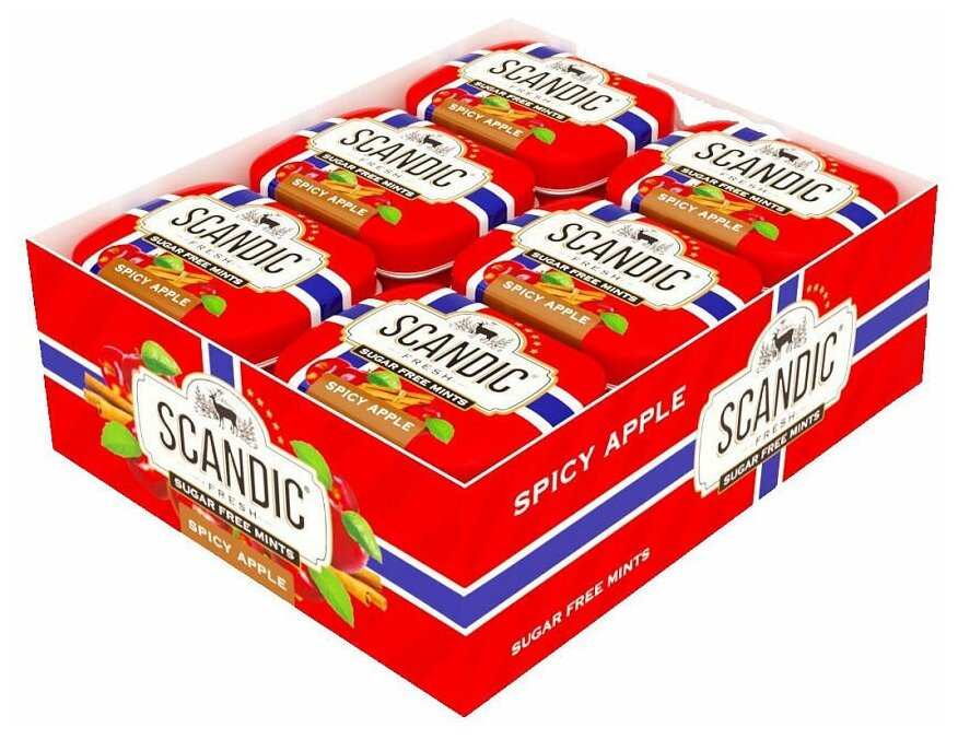 Освежающие конфеты скандик Пряное Яблоко 18 шт. по 14г., SCANDIC SPICY APPLE, Без Сахара, Драже