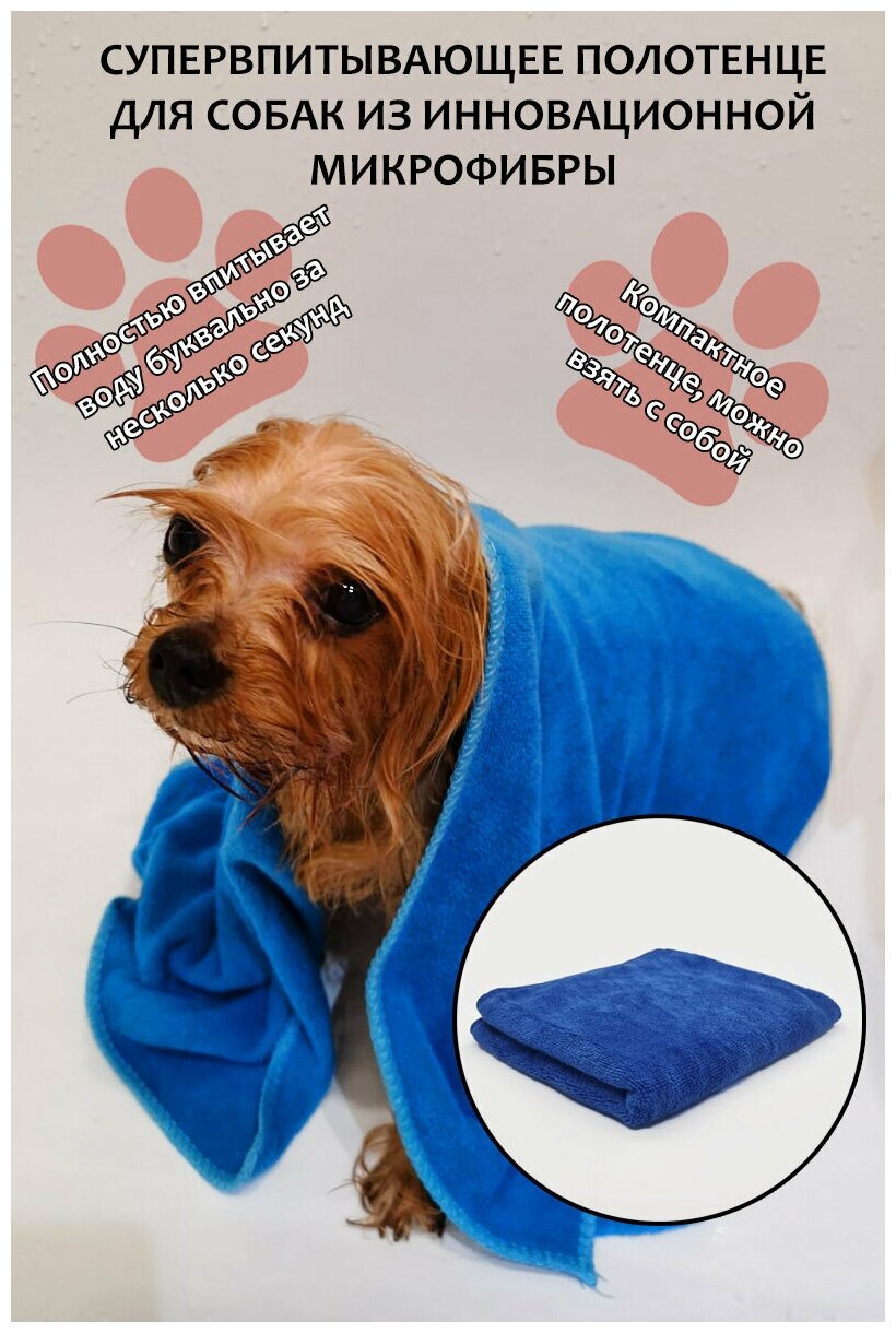 Впитывающее полотенце из микрофибры для груминга и ухода (синее)/ полотенце для животных/ полотенце для собак и кошек/ полотенце для питомцев - фотография № 1