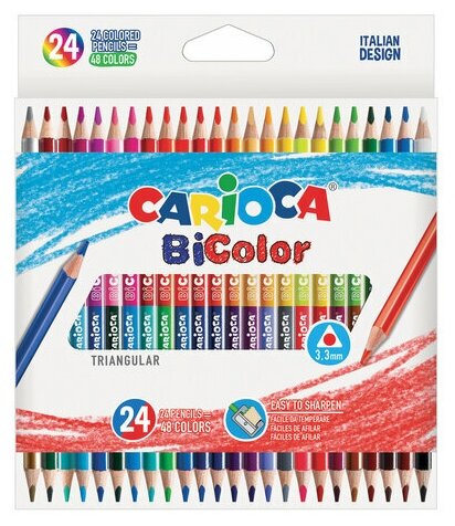 Карандаши двусторонние CARIOCA "Bi-color", 24 штуки, 48 цветов, трехгранные, грифель 3 мм, натуральное дерево, 43031