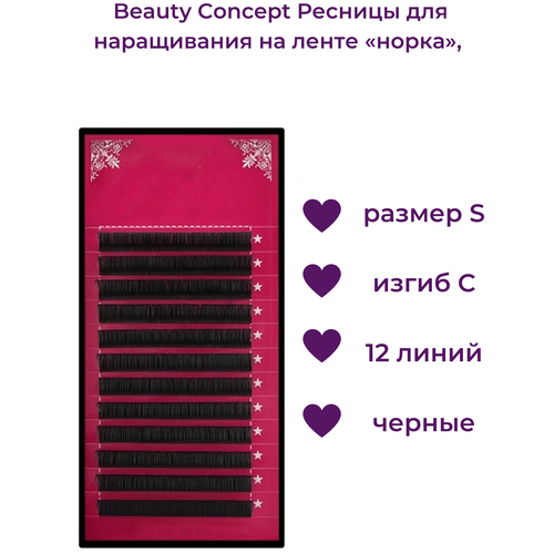 Beauty Concept Ресницы для наращивания на ленте норка, размер S, изгиб С, 12 линий, цвет черный