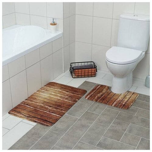 фото Доляна набор ковриков для ванны и туалета доляна «досочки», 2 шт: 79×50, 50×39 см, цвет коричневый