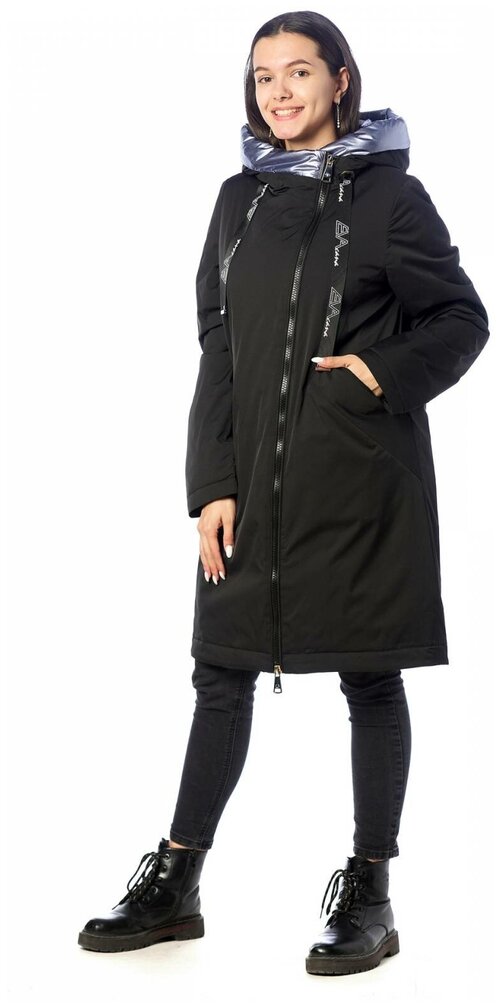 куртка  EVACANA демисезонная, удлиненная, капюшон, несъемный капюшон, размер 46, черный