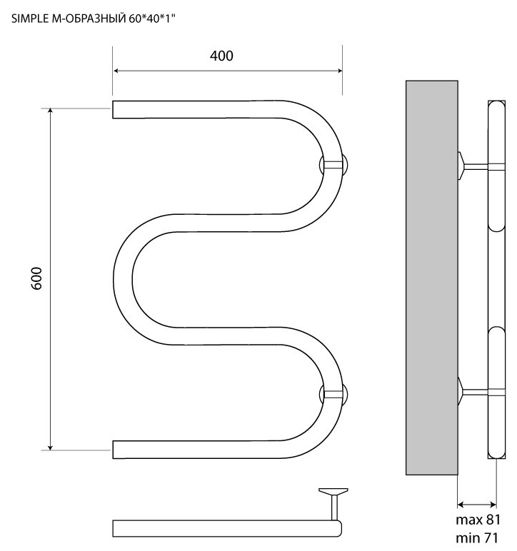 Полотенцесушитель водяной из нержавеющей стали Simple М образный 600*400мм 1" Melodia della Vita - фотография № 2