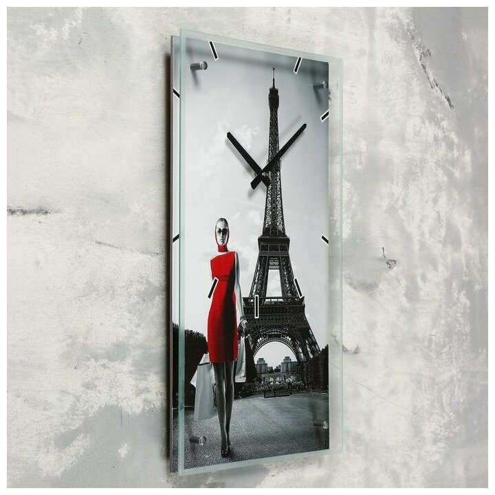 Часы настенные Сюжет прямоугольные, "Девушка в красном платье в Париже", 35х60 см