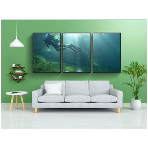 фото Набор модулных постеров для интерьера "нырять, зеленое озеро, лес" 60x90 см. в тубусе, без рамки lotsprints