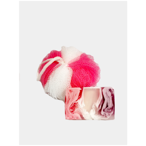 Подарочный набор мочалка шар розово-белый с мылом ручной работы (по мотивам Imperatrice)