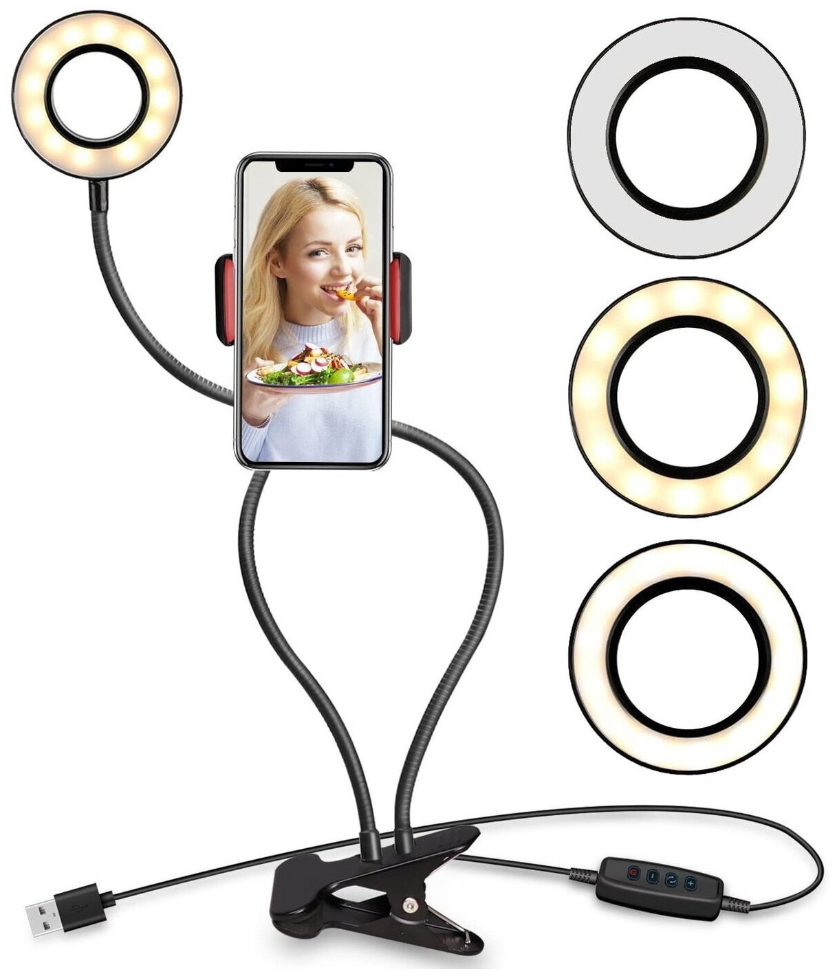 Кольцевая лампа селфи кольцо с гибким держателем для телефона на прищепке с подсветкой