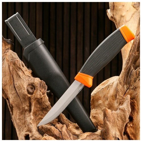 нож туристический лезвие 10см рукоять черная с оранжевыми вставками Нож туристический, лезвие 10см, рукоять черная с оранжевыми вставками