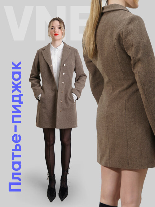 Платье-пиджак VNE, в классическом стиле, трапециевидный силуэт, миди, размер 42-44, коричневый