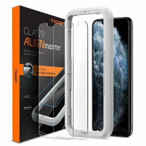 Защитное стекло Spigen на iPhone 11/XR (AGL00101) GLAS.tR Align Master 2 шт / Спиген стекло для Айфон 11, прочное, олеофобное покрытие, прозрачное бесцветный