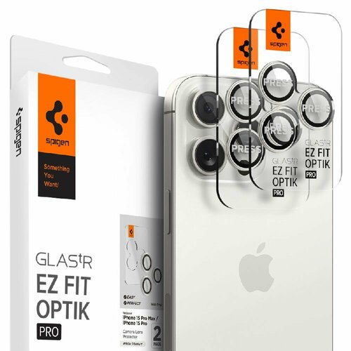 Защитное стекло для камеры Spigen на Apple iPhone 15 Pro/15 Pro Max (AGL07165) Glass tR EZ Fit Optik Pro 2 шт / Спиген стекло для камеры для Айфон 15 Про Макс, прочное, олеофобное покрытие, белое