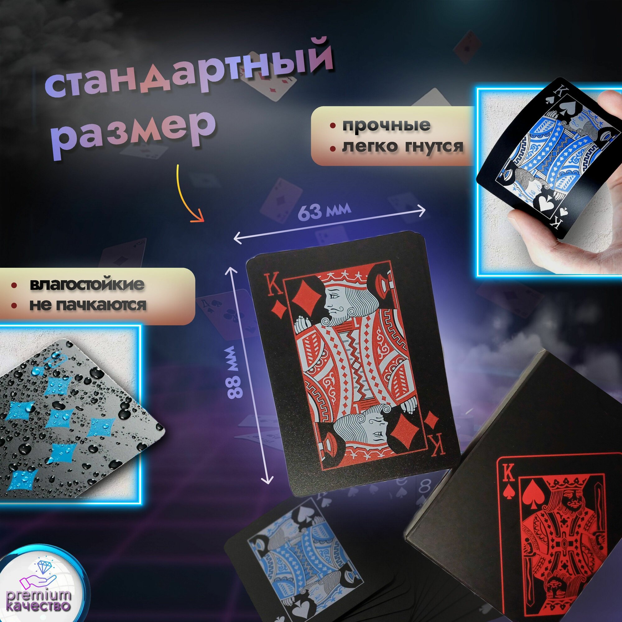 Игральные карты / 54 шт. / пластиковые / 6.3 см * 8.9 см / Красный с синим — фото 1