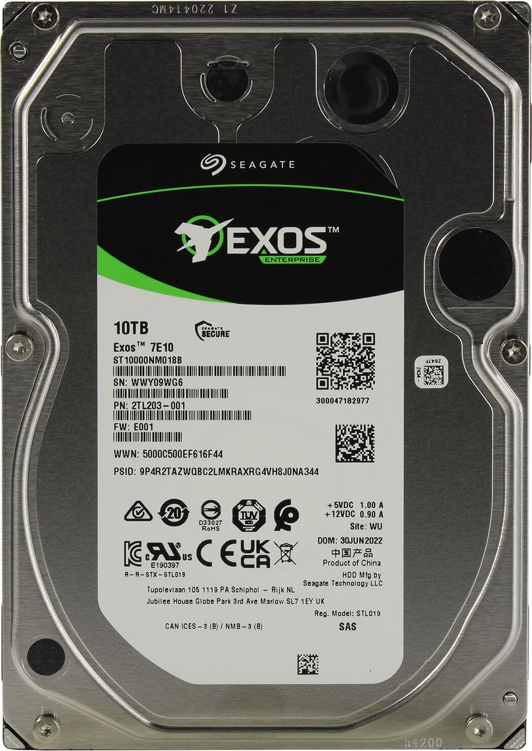 Seagate Жесткий диск 10ТБ Seagate Exos 7E10 ST10000NM018B, 7200об./мин, 256МБ (SAS) (oem)