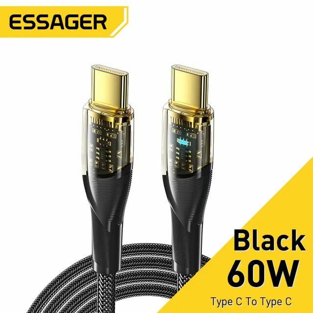 Провод зарядки Essager 60w Type-C. Для быстрой зарядки Ноутбука, Macbook, Samsung, Xiaomi, Huawei, iPhone 16 Pro 2 метра