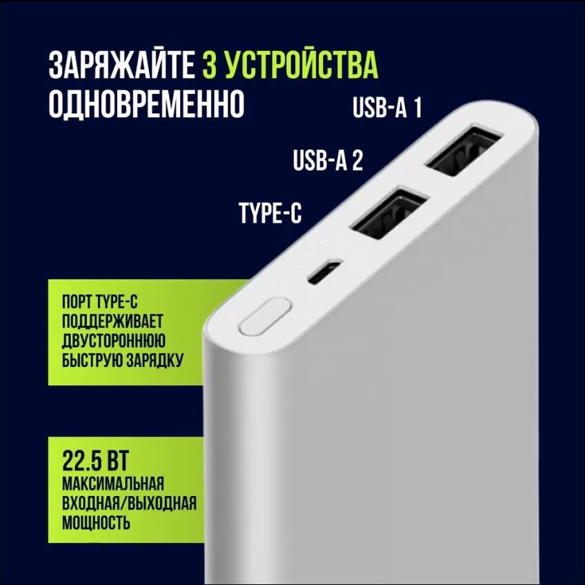 Внешний аккумулятор Xiaomi Power Bank 3 10000 мАч 22,5 Вт PB100DZM Тип C QC3.0 PD silver — фото 1