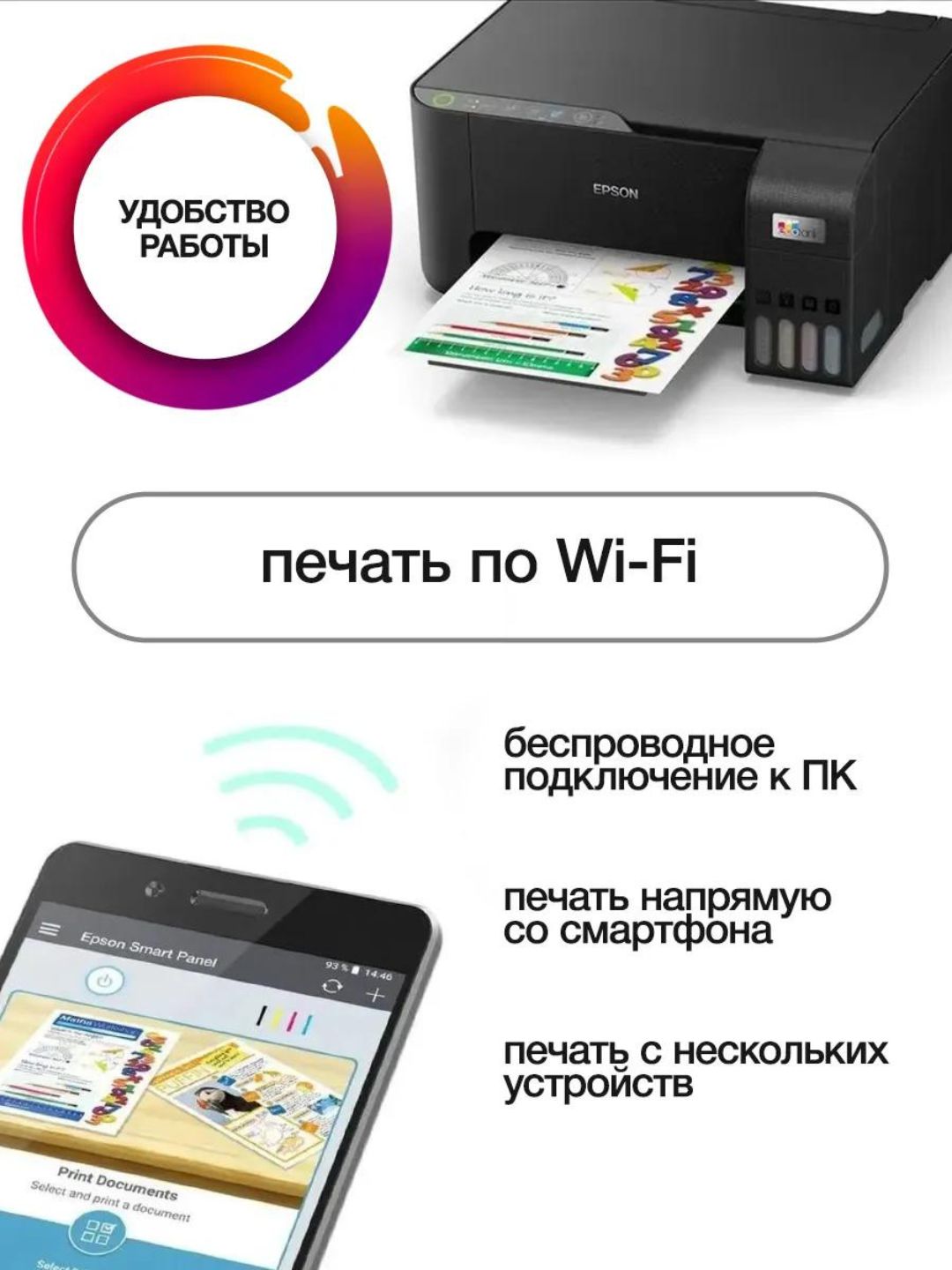 Принтер EcoTank Epson L3250, 3 в 1, струйный, цветной, A4, USB 2.0, Wi-Fi — фото 1