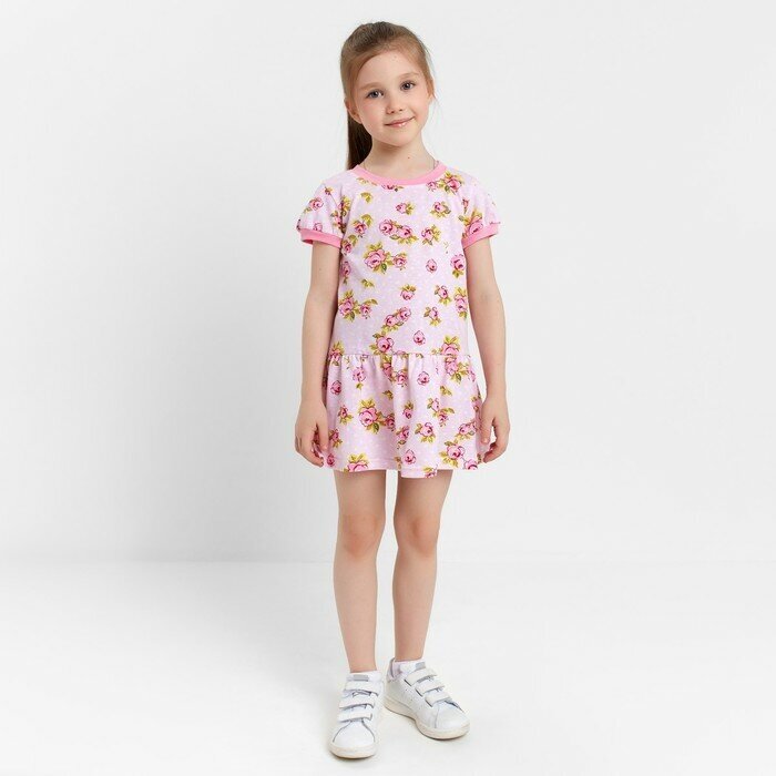 Юниор Текстиль Платье для девочки, цвет розовый/розочки, рост 104 см