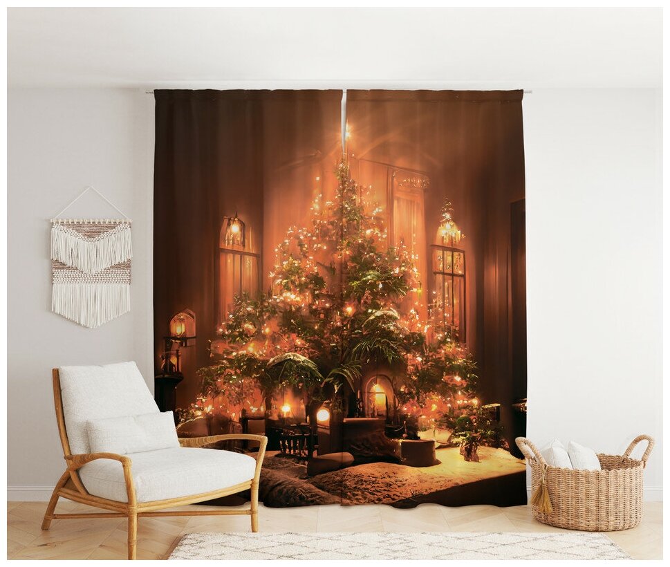 Фотошторы "Новогодняя елка" 145х26м комплект 2шт шторы для спальни гостиной кухни в подарок на новый год