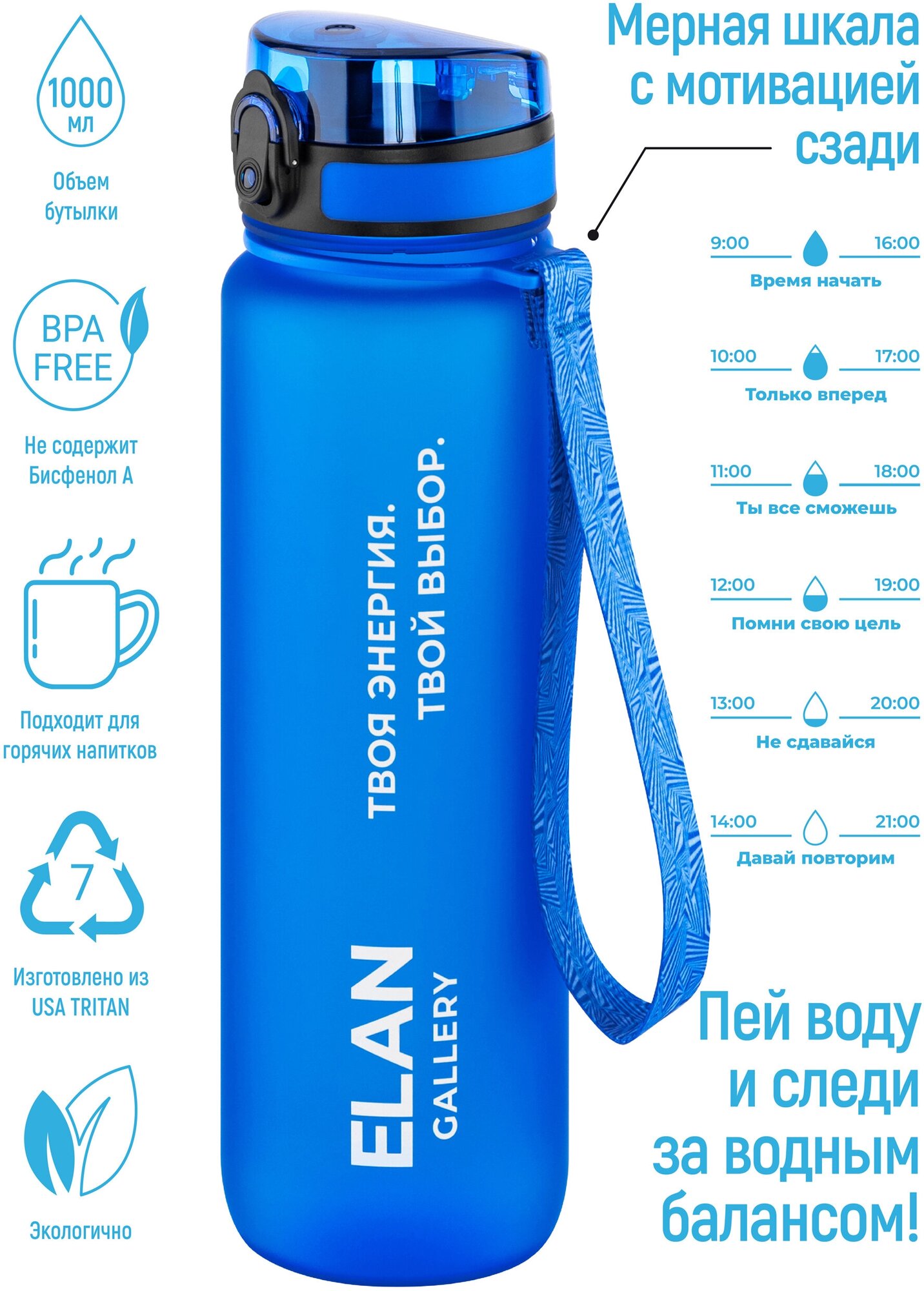 Бутылка для воды / спортивная/ для холодных и горячих напитков 1000 мл 78*78*285 см "Style Matte" мотивационная небесная