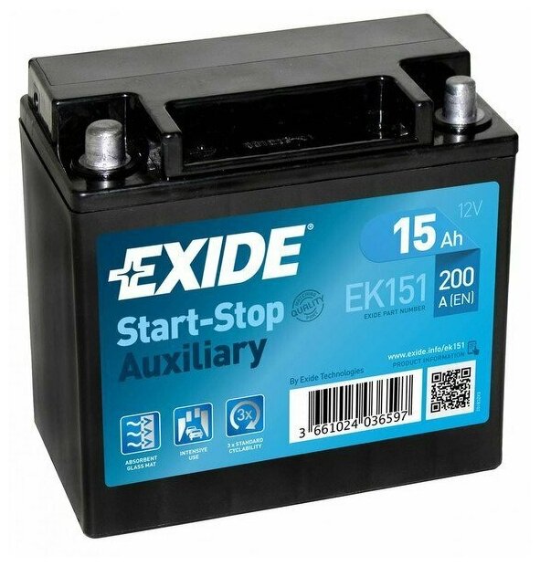 EXIDE EK151 EXIDE EK151_аккумуляторная батарея! рус 15Ah 200A 150/90/145 AGM AUXILIARY\