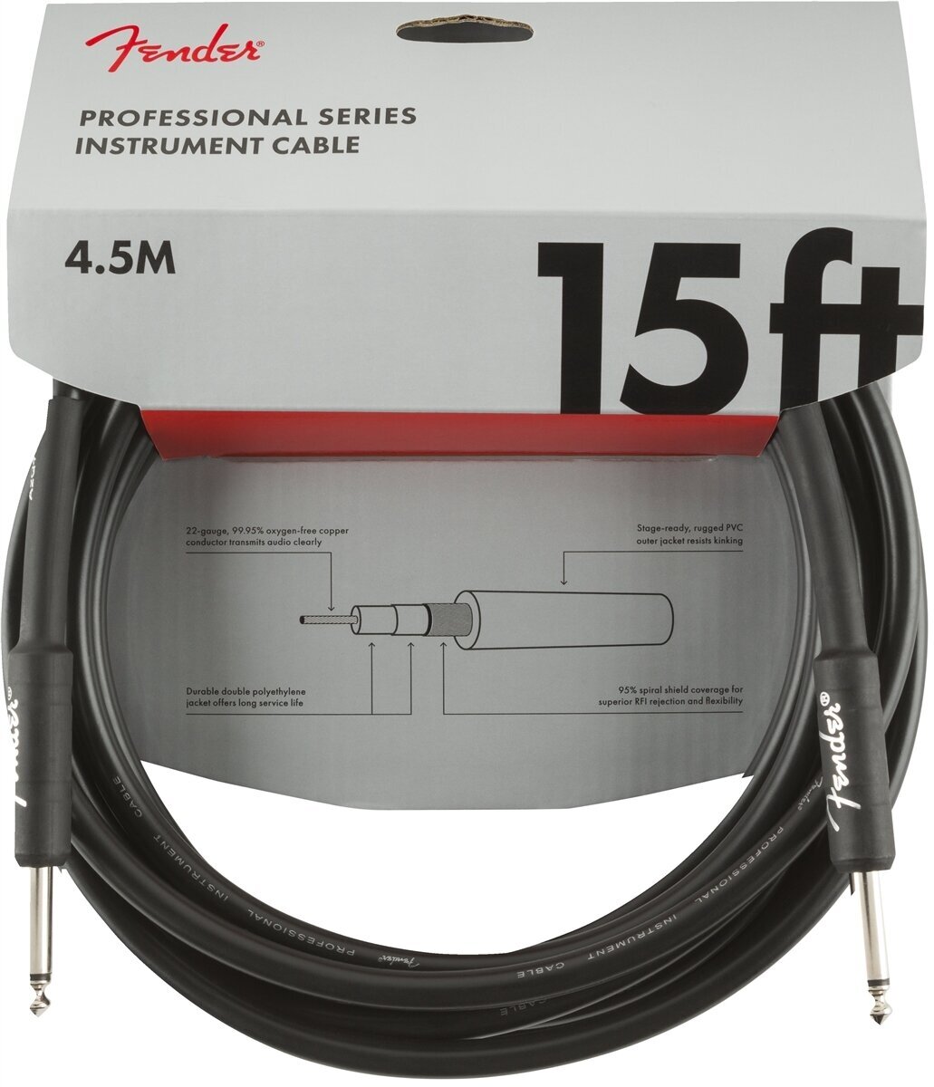 FENDER 15' INST CABLE BLK инструментальный кабель, черный, длина 15' (4,6 м), диаметр 0.643 мм, прямые разъемы 1/4" - фото №1