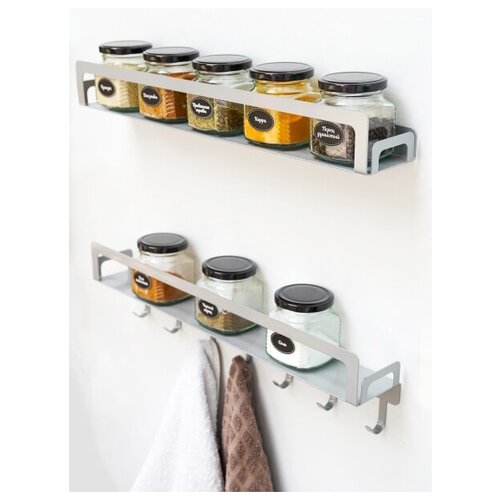 Полка для кухни металлическая HANNA 41,5х6,5. 2 полки с крючками. Белая.