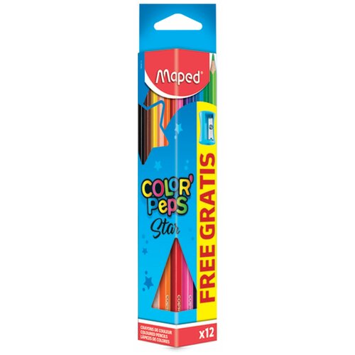 Карандаши цветные MAPED (Франция) Color'Peps Star, 12 цветов, трехгранные, с точилкой, европодвес, 183213, 2 шт. карандаши цветные 18 цв корпус трехгранный точилка набор
