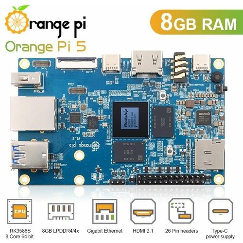 Одноплатный компьютер Orange Pi 5 8 Gb vim3 sbc amlogic a311d soc support linux ubuntu debian android with 5 0 tops npu single board computer