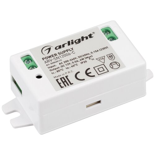 фото Блок питания arv-sn12006-c (12v, 0.5a, 6w) (arlight, ip20 пластик, 3 года)