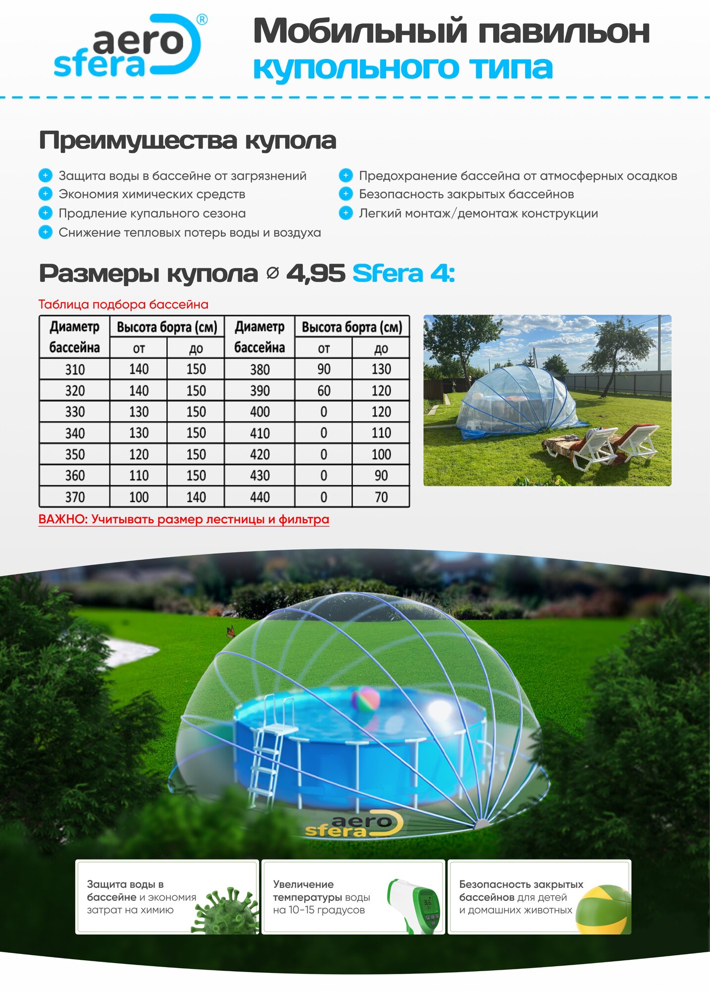 Аэросфера размер 4 (Диаметр 495) купол-тент для бассейна павильон для бассейна мобильный павильон для дачи