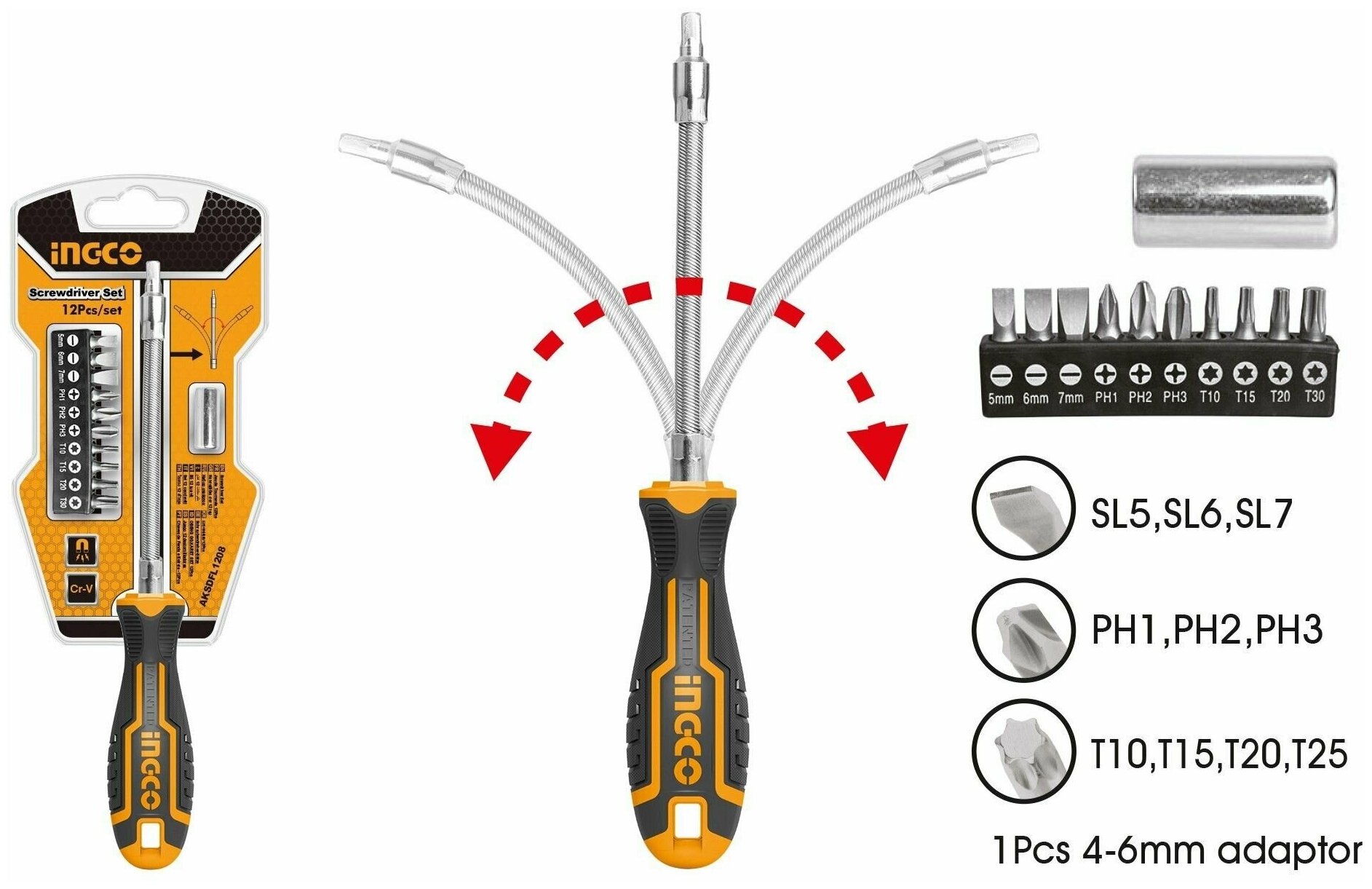 Отвертка с гибким стержнем и битами INGCO AKSDFL1208 - фотография № 2