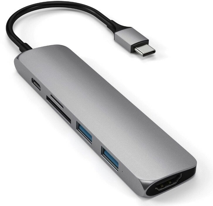 USB-хаб Satechi Aluminum Type-C Slim Multi-Port Adapter V2 (2xUSB 3.0, USB Type-C, HDMI, SD, micro-SD), Серый Док-станция ST-SCMA2M