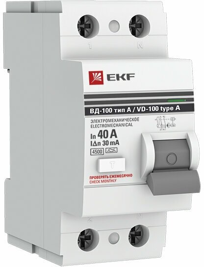Elcb-2-40-30-em-a-pro Выключатель дифференциального тока EKF PROxiмА ВД-100 2П 40А 30мА тип A, электромеханическое