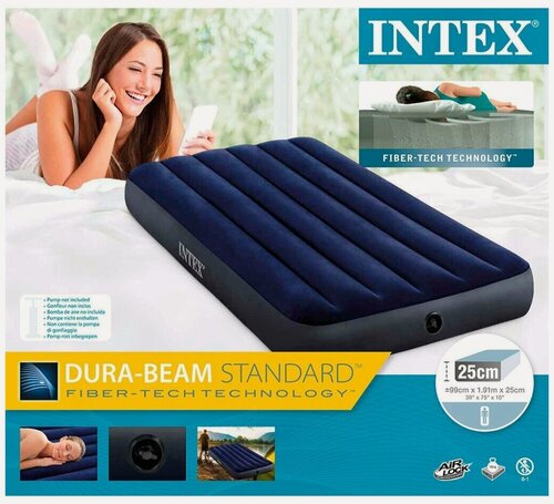 Изображение товара Матрас надувной Twin Classic Downy Bed Intex, 64757, 191х99х25 см, без насоса, флокированный, 136 кг