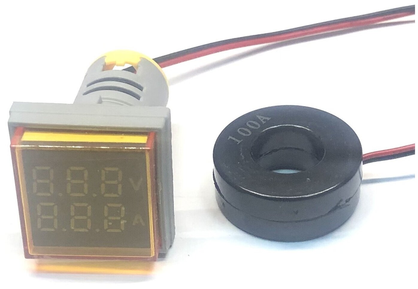 Цифровой вольтамперметр переменного тока / квадратный / желтый / диапазон измерений 50-500 VAC / 0-100 A