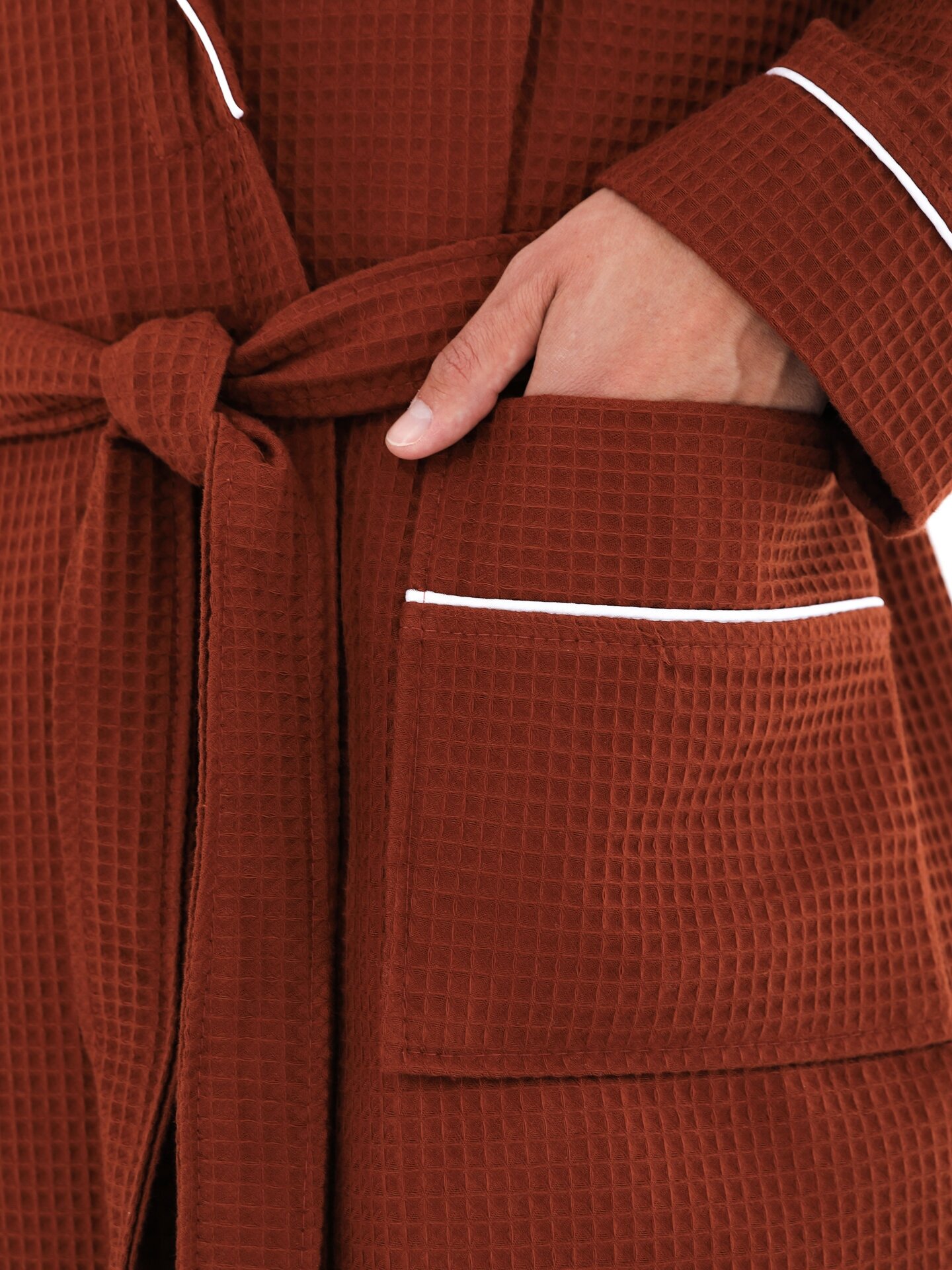 Халат вафельный Everliness мужской шалька+кант, цвет шоколад, размер 54 - фотография № 5