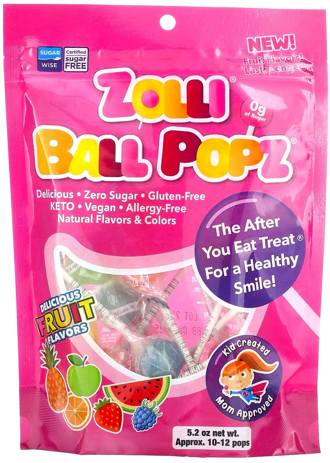 Леденцы без сахара на палочке Zolli Ball Popz (шарообразные) для чистки зубов с фруктовым вкусом, 10-12 шт. - фотография № 1