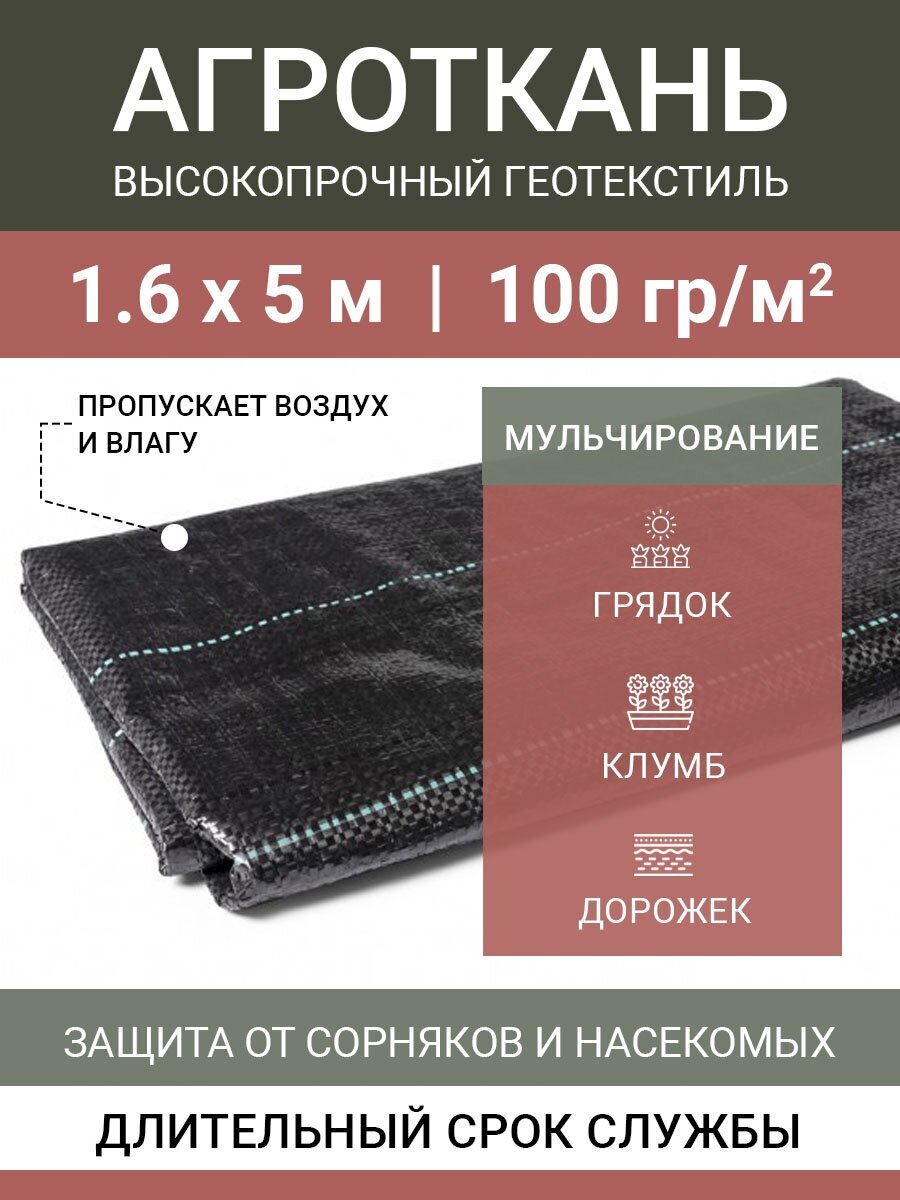 Агроткань от сорняков застилочная 1.6х5 м, агроволокно 100 г/м2 для мульчирования растений клубники садовой рассады, черный укрывной материал на зиму