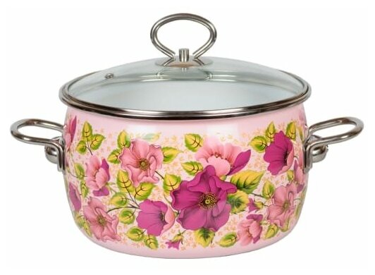 Кастрюля, VIOLETA, сферическая, стеклянная крышка, 1,5 литра, розовая эмаль