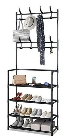 Стеллаж Этажерка Вешалка в прихожую New simple floor Clothes Rack, 4 полки, 80х28х158 (чёрный) - фотография № 1