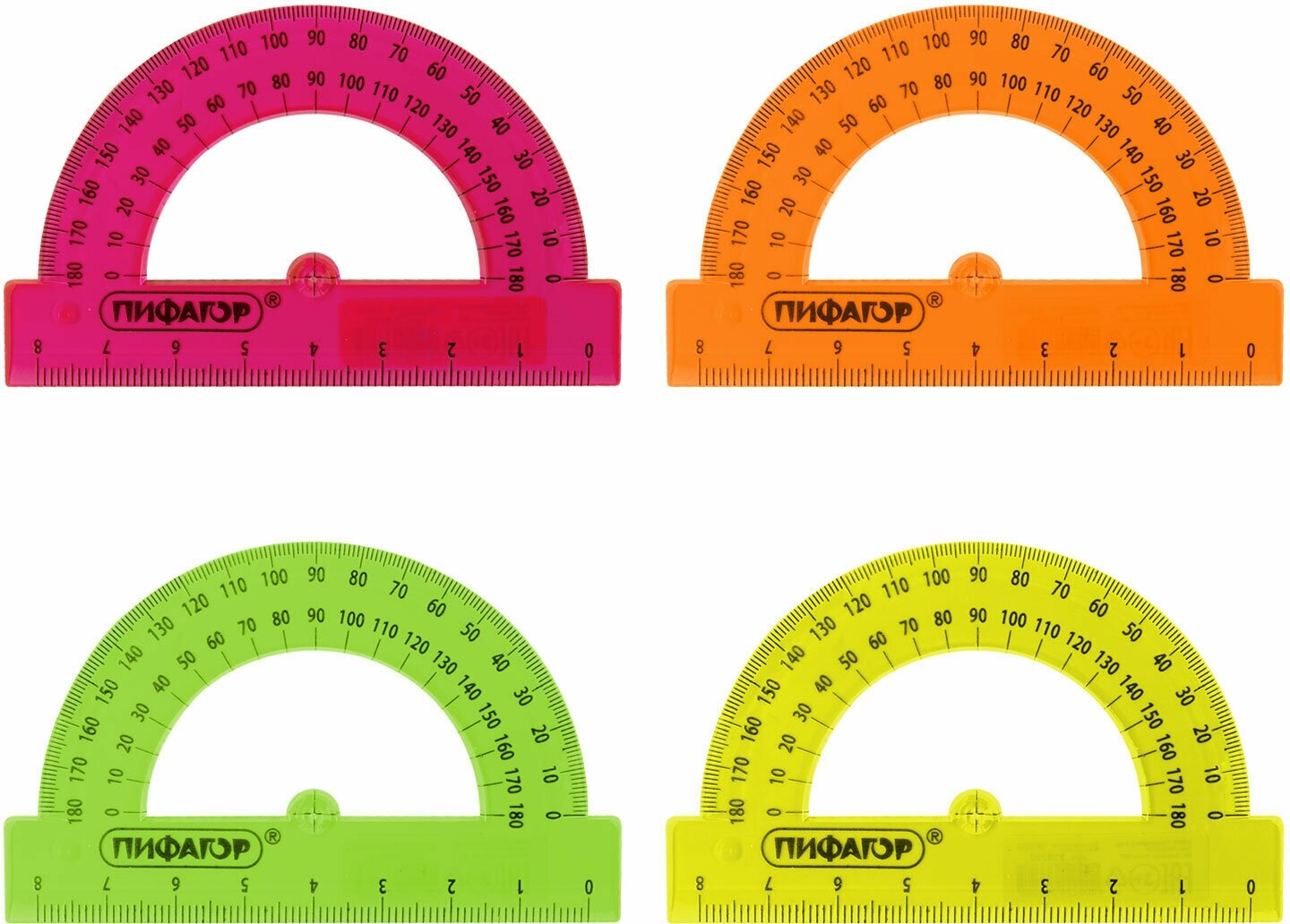 Транспортир 8 см, 180 градусов, пифагор, прозрачный, неоновый, ассорти, 210792 В комплекте: 2шт.