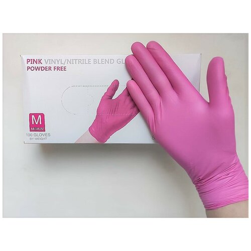 фото Перчатки нитриловые гигиенические, розовые, nitril-vinil blend размер м, 50 пар, 100 штук wally plastic