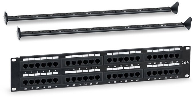 Патч-панель 19" (2U), 48 портов RJ-45, категория 5e, Dual IDC, с задним кабельным организатором, цвет черный