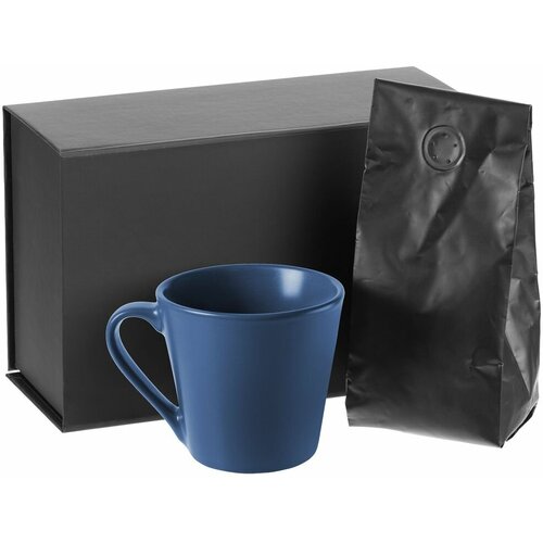 Набор Silenzio, синий, кружка: высота 8,1 см, сверху диаметр 8,8 см; дно диаметр 6,2 см; кофе: 8х20х7 см; коробка: 23,2х14,5х9,7 см, кружка - фаянс; кофе - алюминиевая фольга, полиэтилен; коробка - переплетный картон
